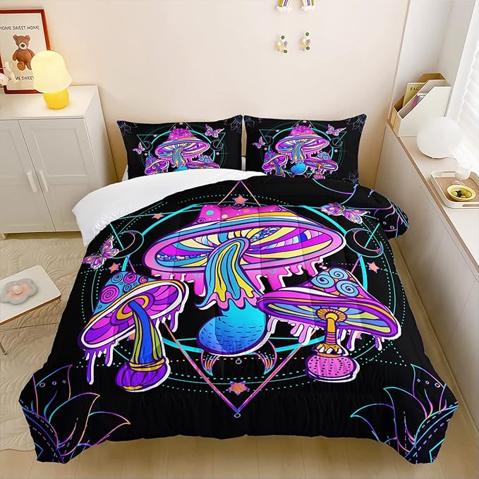 HOSIMA Mushroom Bedding Comforter Sets, Forest Fungi Plant Theme Cartoon Butterfly Mushroom Decor Toddler Comforter Set,Magic Hexagram Black King Size Comforter with 2 Pillowcases.