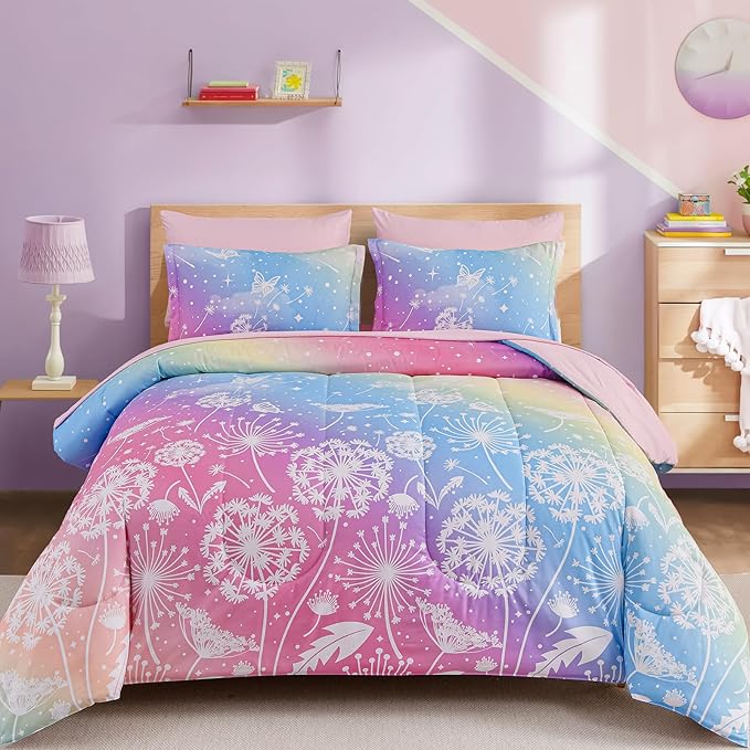 Menghomeus Girls Comforter Set Full Size 7 Pieces Bed in A Bag Ombre Pink Rainbow Bedding Set Dandelion Butterfly Print Kids Bedding Collections