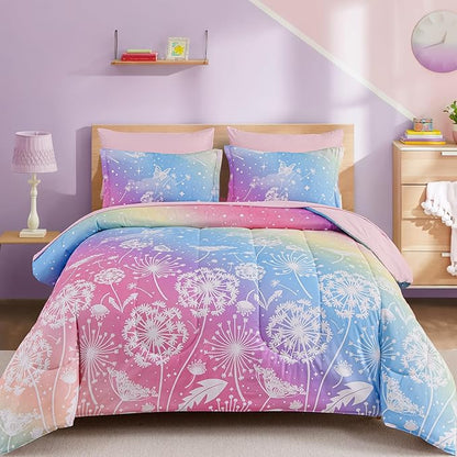 Menghomeus Girls Comforter Set Full Size 7 Pieces Bed in A Bag Ombre Pink Rainbow Bedding Set Dandelion Butterfly Print Kids Bedding Collections