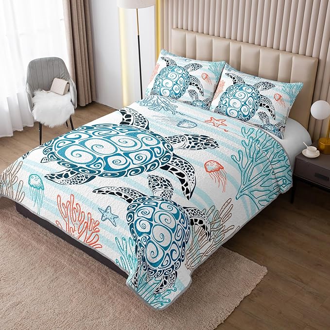 HOSIMA Sea Turtle Twin Bedding Sets,Corals Jellyfish Starfish Pattern Lightweight Quilt,Ocean Themed Bedding for Beachy Room Decor Aesthetic with 2 Pillowcases.