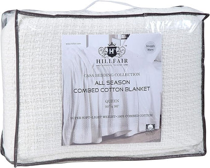 HILLFAIR 100% Combed Cotton Blanket– King Bed Blanket– Soft Cozy Warm Multipurpose Throws for Luxury Home Decor– 90 x 108 inch King Size Cotton Blankets for Beds- Bed Blankets for All Season- Ivory