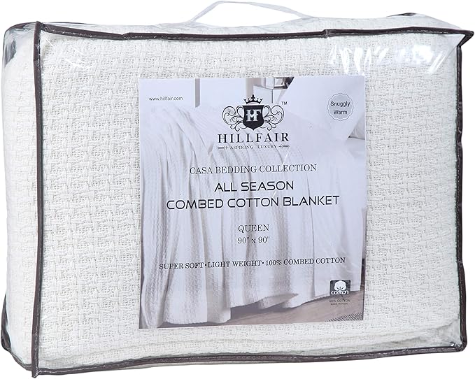 HILLFAIR 100% Combed Cotton Blanket– Queen Bed Blanket– Soft Cozy Warm Multipurpose Throws for Luxury Home Decor– 90 x 90 inch Queen Size Cotton Blankets for Beds- Bed Blankets for All Season- Ivory