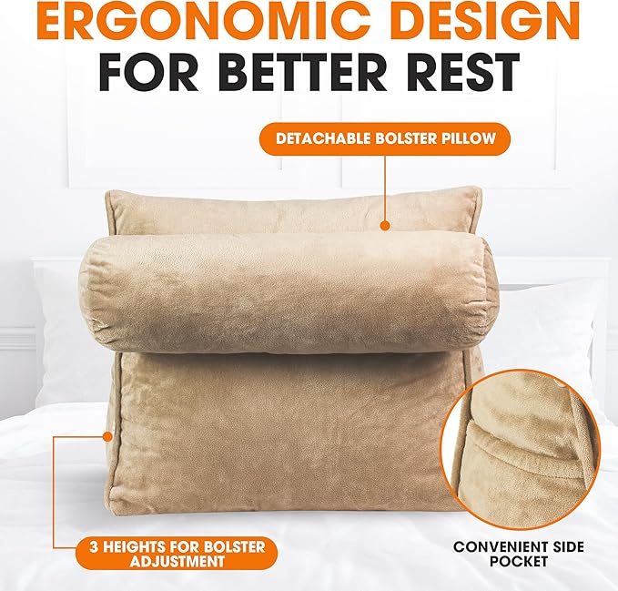 Cheer Collection Reading Wedge Pillow – TV Pillow with Adjustable Bolster Pillow, Memory Foam Back Support for Couch & Bed, Pillow Chair for Bed, Reading Pillows for Adults & Kids, Taupe