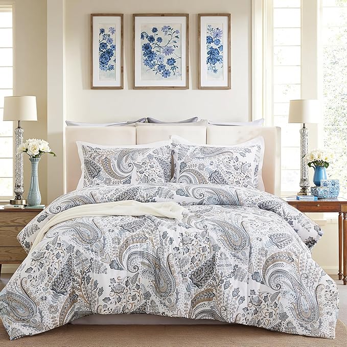 Grey Paisley Duvet Cover King Size 100% Cotton Comforter Covers Soft & Breathable 3 Pcs Luxury Duvet Cover Sets with Zipper Closure All Season