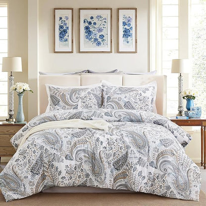 Blue Paisley Duvet Cover Queen Size 100% Cotton Soft & Breathable 3 Pcs Luxury Bedding Duvet Cover Sets with Zipper Closure All Season