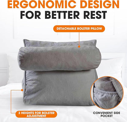 Cheer Collection Reading Wedge Pillow – TV Pillow with Adjustable Bolster Pillow, Memory Foam Back Support for Couch & Bed, Pillow Chair for Bed, Reading Pillows for Adults & Kids, Gray
