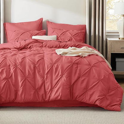 Bedsure Full Comforter Set Coral Red - Bed in a Bag Full Size Bedding Set 7 Pieces, GentleSoft™ Pintuck Bed Set Gift for Family, Pinch Pleat All Season Comforter with Sheets, Pillowcases & Shams