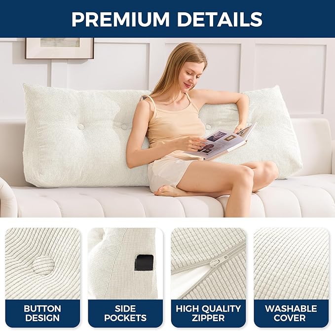 Headboard Pillow Queen, Triangle Pillows for Headboard, Head Board Backrest Wedge Pillow for Reading Sitting Working, Daybed Pillows with Removable Cover for Bed Dorm Sofa, Beige