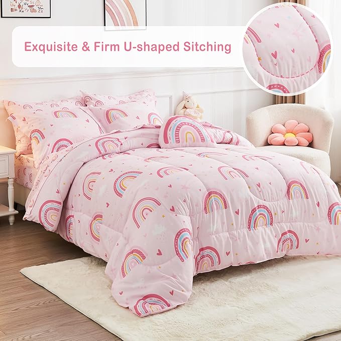 Mooreeke Bed in a Bag for Kids Girls Teens, 8 Pieces Full Size Comforter Bed Set with Shams, Sheet Set and Decorative Toy Pillow, Rainbow Pink Super Soft Microfiber Kids Comforter Bedding Set