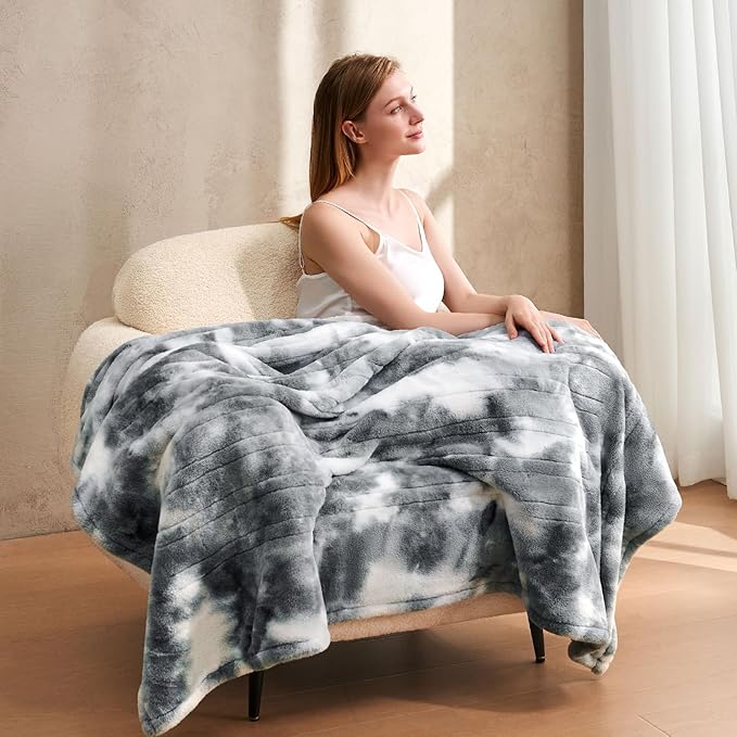 Electric Heated Blanket 90"x100",Luxury Grey Faux Fur Electric King Blanket,Fast Heating Soft Fluffy Thick Electric Blanket with 6 Heating Levels & 12H Auto Off