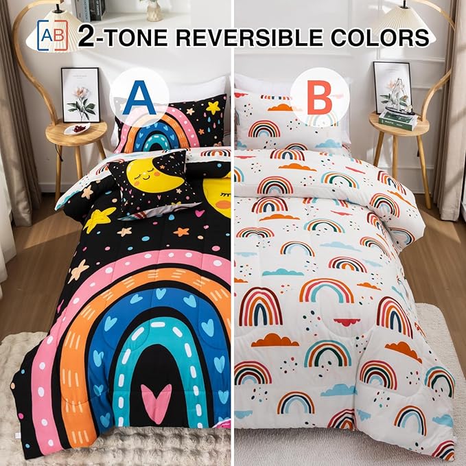 A Nice Night Bedding 6 Pcs Cartoon Rainbow Bedding Set with Smile Moon Printed for Boys Girls Bed Comforter Sets (Black, Full)