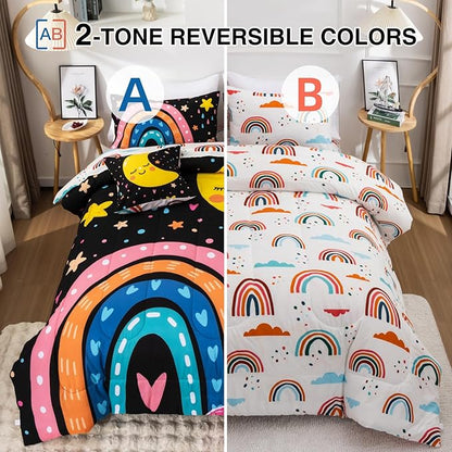 A Nice Night Bedding 6 Pcs Cartoon Rainbow Bedding Set with Smile Moon Printed for Boys Girls Bed Comforter Sets (Black, Full)