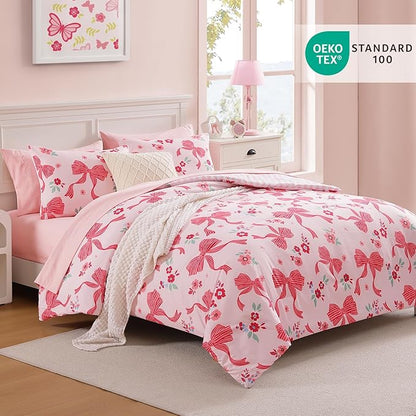 Full Size Comforter Set for Girls, Pink Bow Bedding Set with Cute Floral, All Season Kids Bed in a Bag 7 Pieces with Sheets, Pillowcases & Shams