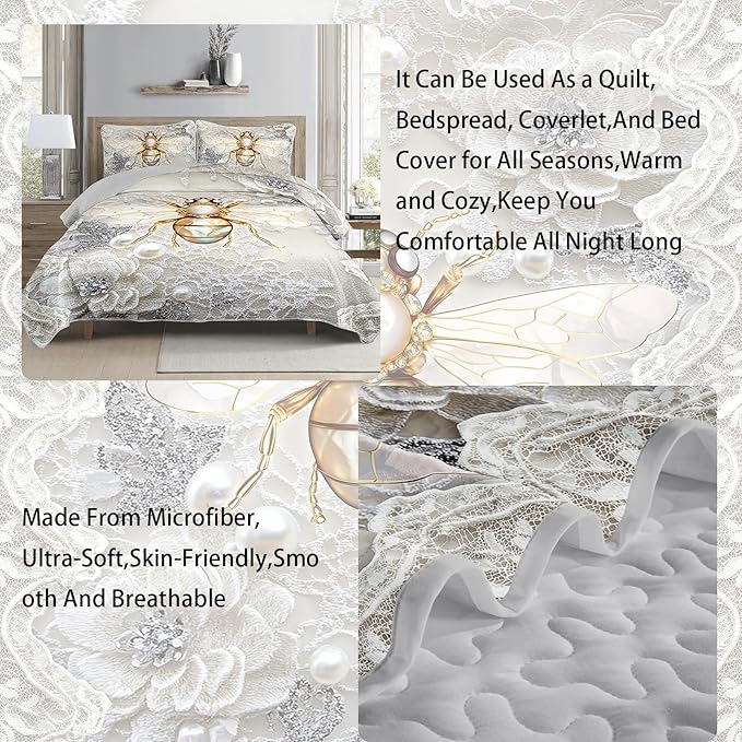 AILONEN Honey Bee King Size Quilt Set,Beautiful Gold Diamond Bee Bedspread Coverlet + 2 Pillowcases,3Pcs Animal Themed Flower Pearl Printed White Bed Cover for Girls