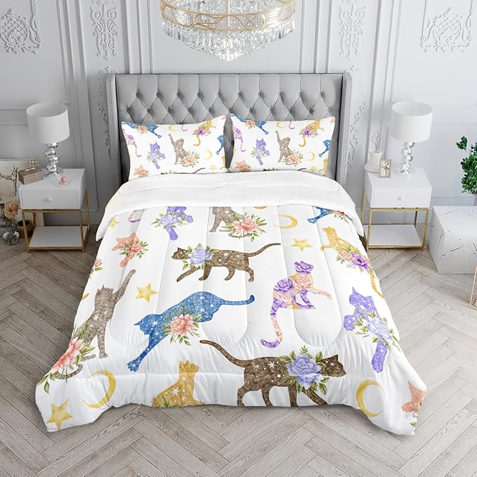 Flowers Cat Bedding Twin Cartoon Stars Moon Comforter 3 Pieces Colored Cute Cats Comforter Set for Teens Kids Boys Girls Adults Kawaii Cat Quilt with 1 Comforter and 2 Pillowcases