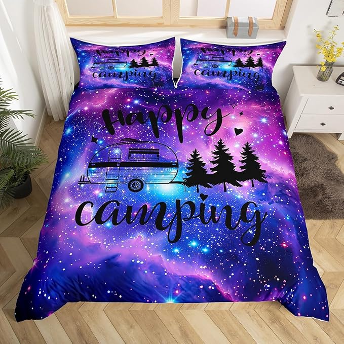 Galaxy Camper Full Size Duvet Cover Set,RV Happy Camping Sketch Comforter Cover with 2 Pillowcases,3pcs,Purple Stars Universe Nebula Polyester Bed Spread for Boys Teens Bedroom Decor