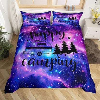 Galaxy Camper Full Size Duvet Cover Set,RV Happy Camping Sketch Comforter Cover with 2 Pillowcases,3pcs,Purple Stars Universe Nebula Polyester Bed Spread for Boys Teens Bedroom Decor