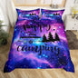 Galaxy Camper Duvet Cover Set King Size,RV Happy Camping Sketch Comforter Cover with 2 Pillowcases,Purple Stars Universe Nebula Modern Bedding Set for Adult Young Bedroom Xmas Gift