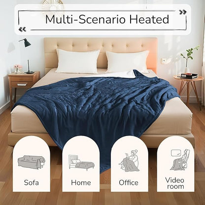 Electric Heated Blanket Queen Size 84"x90" - Dual-Sided with Microplush & Sherpa Fabric, 4 Heat Settings & 10 Hours Auto Off, Dual Controller, Machine Washable - Dark Blue