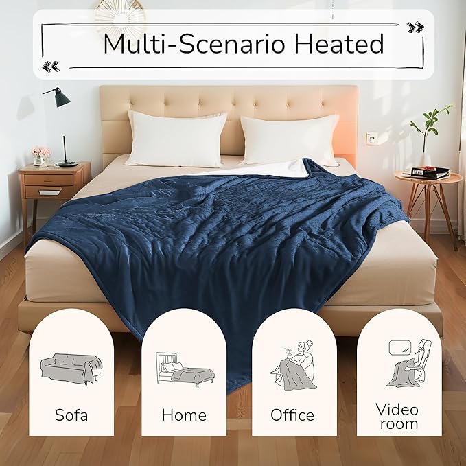 Electric Heated Blanket King Size 90"x100" - Dual-Sided with Microplush & Sherpa Fabric, 4 Heat Settings & 10 Hours Auto Off, Dual Controller, Machine Washable - Dark Blue