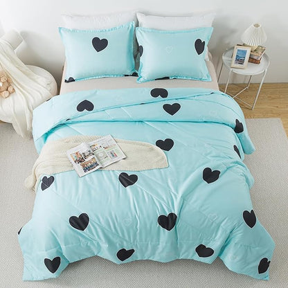 Caressma Blue Love Comforter Set King Size, Cute Heart Pattern Bedding Comforter for Girls Women, 3 Pieces Soft Microfiber Fluffy Lovely Comforter Set for All Seasons Room Decor