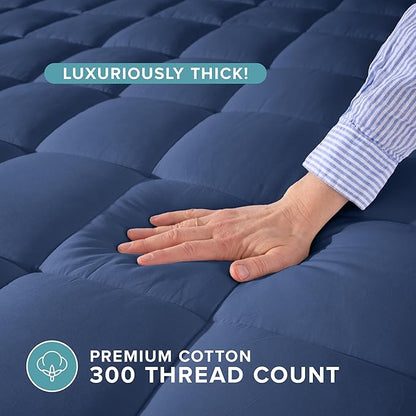Bare Home Mattress Topper Cotton Top - Twin Extra Long - Plush Topper for Mattress - College Dorm Room Essentials - Cooling Breathable Air Flow - 8" to 21" Deep Pocket - Soft Pad (Twin XL, Dark Blue)