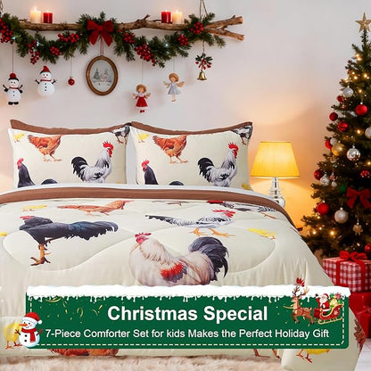 Wajade Chicken Comforter Set 7 Pcs Animal Theme Bedding Set Queen Size for Kids Adults Chicken Quilt Farm Theme Printed Pattern for Thanksgiving Birthday