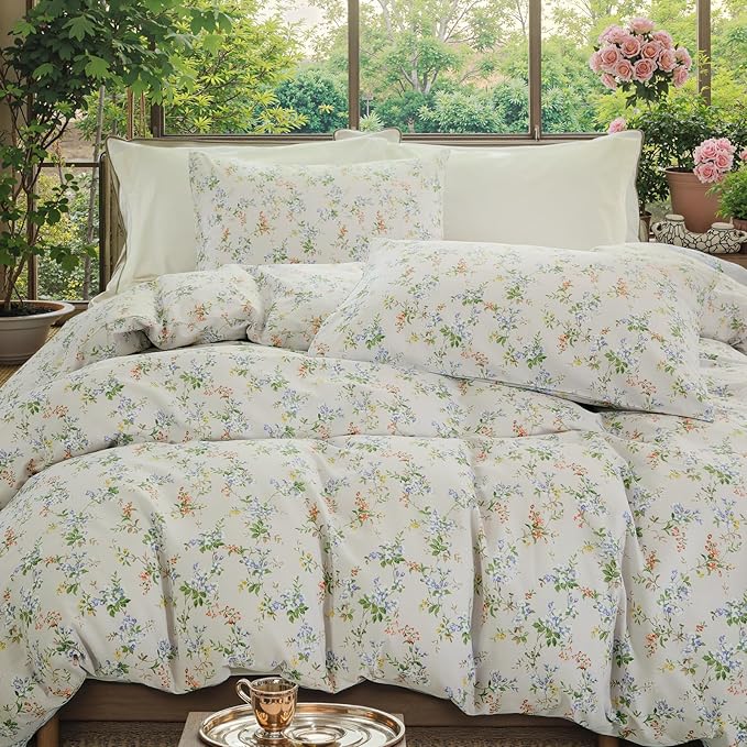 Green Floral Duvet Cover King Size 100% Cotton Botanical Coquette Bedding Sets with Zipper Closure 3 Pieces Soft & Breathable Reversible Comforter Cover