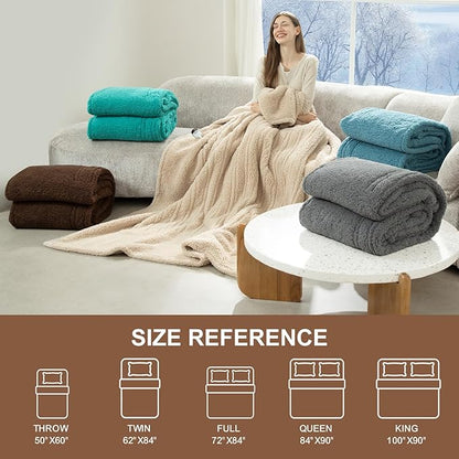 Heated Blanket Queen Size Single Control - 84"X90" Soft Double Sided Sherpa Electric Blanket with 6 Fast Heating Levels & 10 hrs Timer Settings, Washable & ETL Certified for Bed, Brown