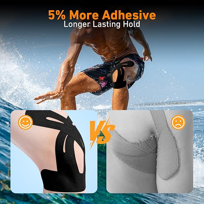 PreCut Kinesiology Tape for Knees, 12 PCS Waterproof KTQUICK Knee Tape for Knee Pain Relief Pre Cut, Original Cotton Athletic Knee Tape, Waterproof & Hypoallergenic Latex-Free for Sports (Black)
