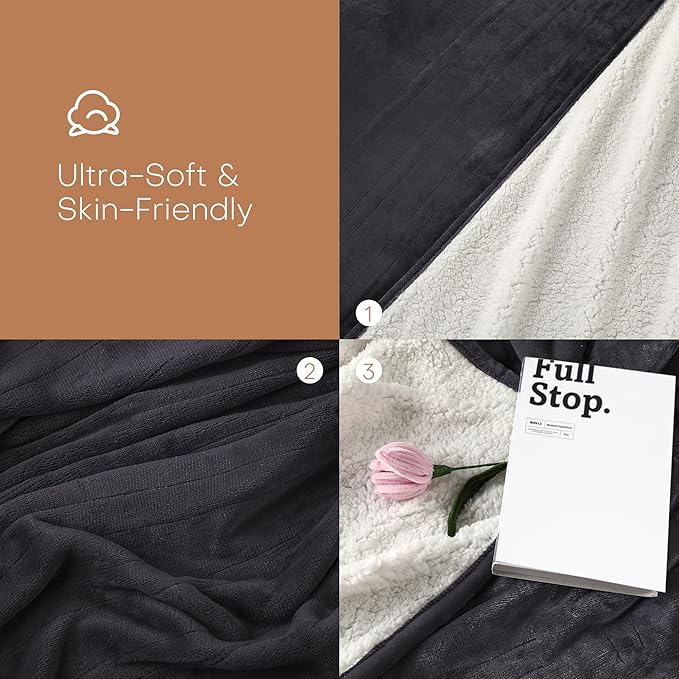 Electric Heated Blanket 72"x84" Full Size - Flannel & Sherpa Fabric Dual-Sided, 6 Heat Settings & 1-10 Hours Auto Off, Soft & Cozy Warming Throw for Home, Office, or Bed, Machine Washable, Iron Gray