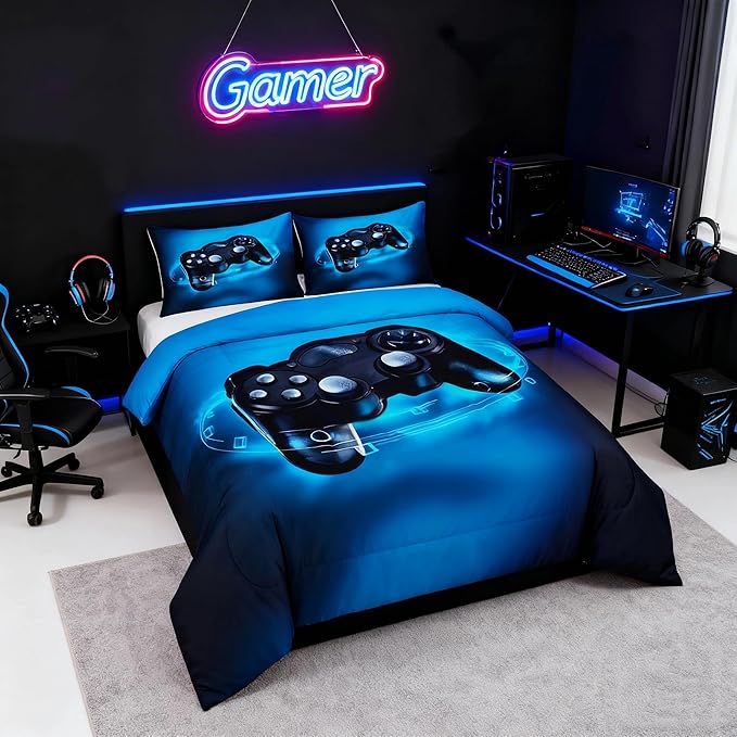 Feelyou Queen Size Gaming Comforter Set for Boys Gamer Bedding Set for Teens Kids Gamer Room Decor Blue Video Games Comforter Duvet Set Gamepad Quilted All Season 1 Comforter with 2 Pillow Cases