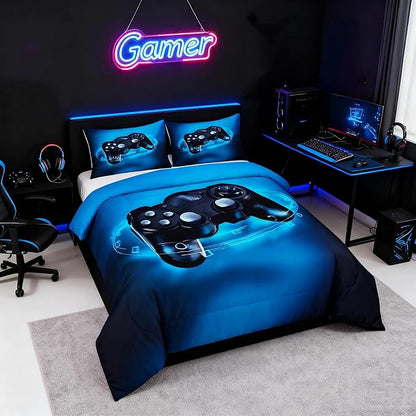 Feelyou Queen Size Gaming Comforter Set for Boys Gamer Bedding Set for Teens Kids Gamer Room Decor Blue Video Games Comforter Duvet Set Gamepad Quilted All Season 1 Comforter with 2 Pillow Cases