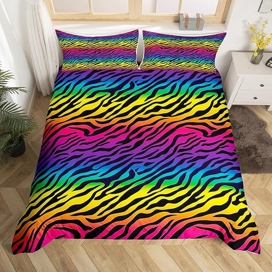 Rainbow Zebra Print Kids Comforter Cover King Size, Zebra Stripes Geometric Bedding Set with 2 Pillowcases, Natural Wildlife African Animal Theme Duvet Cover Set, Soft Polyester (No Comforter)