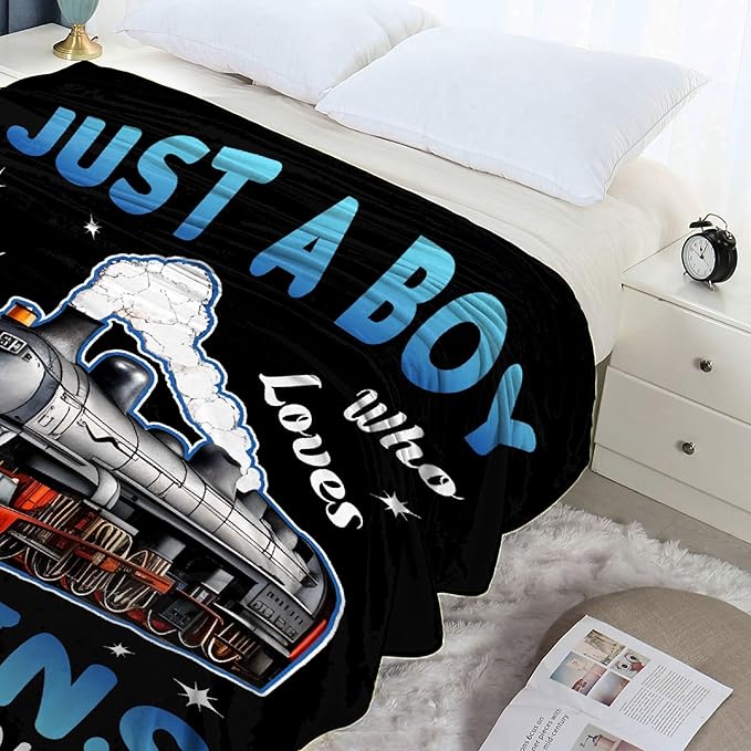 Boy Who Loves Trains Blanket Custom Train Blankets for Boys Men Flannel Cozy Quilt Gift for Train Lovers for Beding Sofa Couch-120x90 Inches
