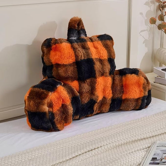 Reading Pillows for Boyfriend Adult,Velvet Back Pillow Bed Wedge Large, Back Rest Support Cushion for Sitting Up in Bed/Couch for Bedrest 18inch-Orange-Black Grid Print