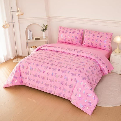 MWMWMW 5 PCS Pink Butterfly Comforter Set Queen, Girls Butterfly Bedding Set Queen, Girls Pink Comforter Sets with 1 Comforter, 1 Flat Sheet, 1 Fitted Sheet & 2 Pillowcases
