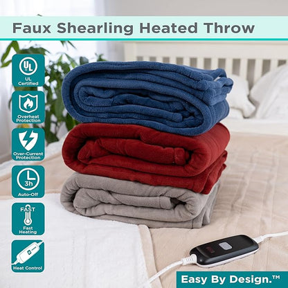 BLACK+DECKER Heated Blanket Electric Throw, Faux Shearling Electric Blanket, Heating Blanket with 4 Heating Levels, 3H Timer, Auto Shutoff, Fast Heating (50x60 inches, Navy)