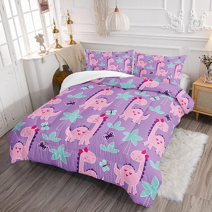 Axolotl Cute Dinosaur Comforter Set Full Size,Girls Bedding Cartoon Dinosaur Bedding Set for Girls Teens Kids Boys Adults Room Decor,Kids Comforter Set All Season,1 Quilt 2 Pillow Cases,Purple