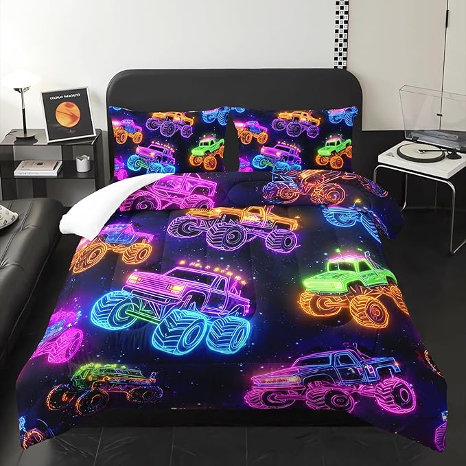 Colorful Neon Off-Road Racing Truck Comforter 3Pcs Queen Cool Speed Race Car Bedding Set for Kid Teen Girl Boy Adult Automobile Extreme Sport Game Quilt Bed Decor with 1 Comforter&2 Pillowcases