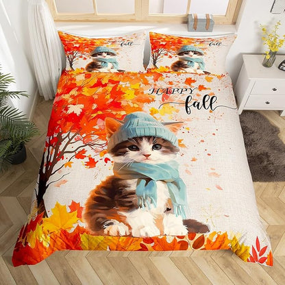 Castle Fairy Happy Fall Duvet Cover Set Full Size,Cute Watercolor Cat Cartoon Animal Comforter Cover with 2 Pillowcases,Autumn Maple Leaves Tree Rustic Breathable Bedspread for Boys Teens,Pillow Sham