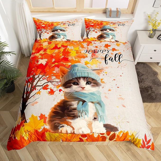 Happy Fall Duvet Cover Twin Size,Cute Watercolor Cat Cartoon Animal Comforter Cover Set for Kids Boys Girls,Autumn Maple Leaves Tree Rustic Bedding Quilt Cover Set Bedroom Decor, 2 Pieces