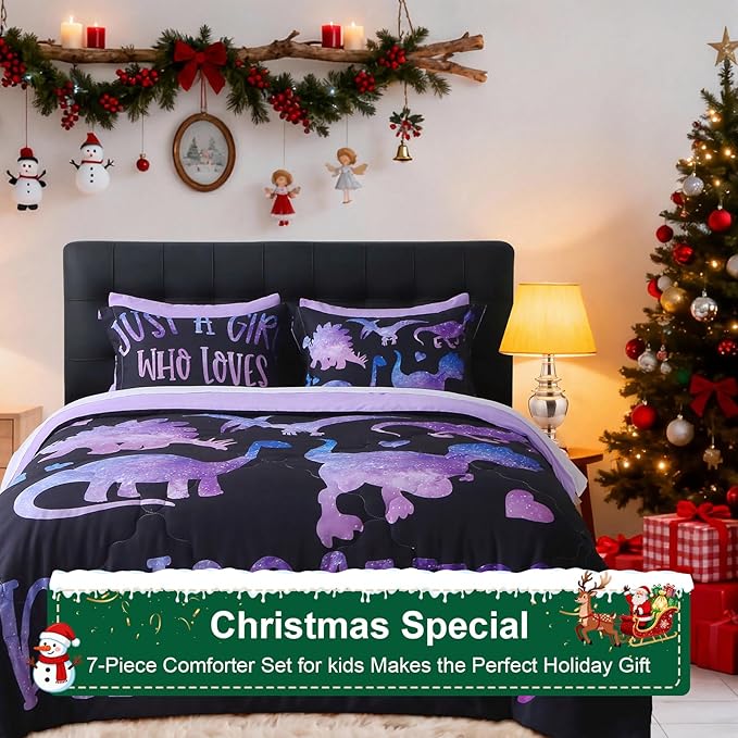 7 Piece Girls Dinosaur Comforter Set Full Size Violet Dinonsaur Soft Microfiber Bed in A Bag with Comforter,Sheet Set,Pillowcase and Sham for Child Teens All Season