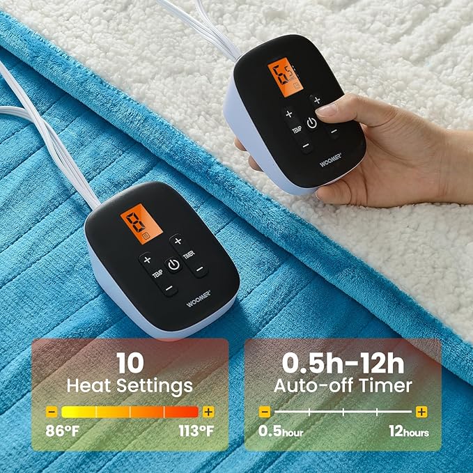 WOOMER Electric Heated Blanket Queen Size, Soft Flannel Fast Heating Blanket, Teal Color, 84"x 90", 10 Heating Levels & 0.5-12H Auto Off, Over-Heat Protection