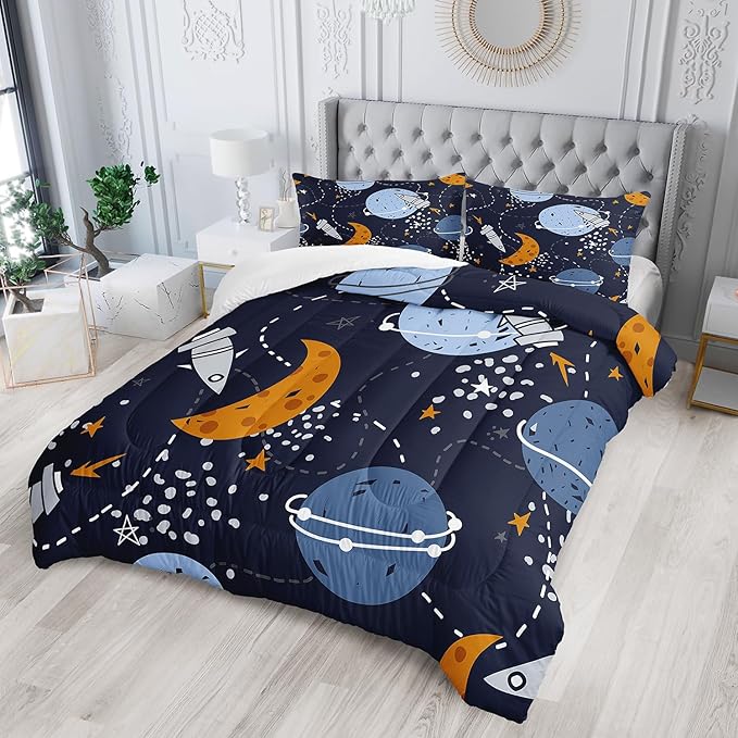Space Bedding Comforter Set Twin Size for Kids Teens and Adults Rockets and Planets Printed for Bedroom Soft Microfiber All Season Print Quilt Set with 1 Comforter and 2 Pillow Case