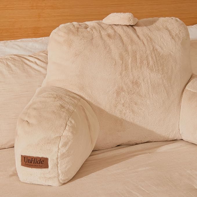 UnHide Squish Backrest Pillow - A Large Pillow with Arms for Sitting Up in Bed, Reading or Lounging - Removable, Washable Faux Fur Cover, Beige