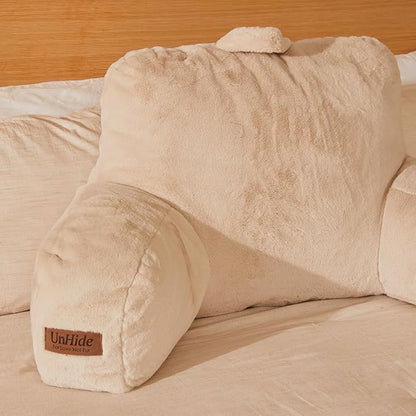 UnHide Squish Backrest Pillow - A Large Pillow with Arms for Sitting Up in Bed, Reading or Lounging - Removable, Washable Faux Fur Cover, Beige