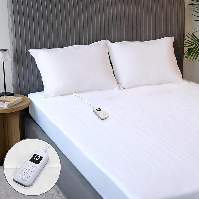 Sunbeam Electric Heated Mattress Pad Soft Cozy Fabric Fast Heating 12 Heat Settings 12-Hour Auto Shut-Off Deep Pocket Skirt Machine Washable Twin 75" x 39"