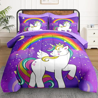 Full Size Comforter Set with 2 Pillowcases & 2 Shams, Cute Unicorn Purple Space 7 Pcs Bedding for Kids and Teens, Animal Rainbow Horse Bed in a Bag with Flat Fitted Sheet