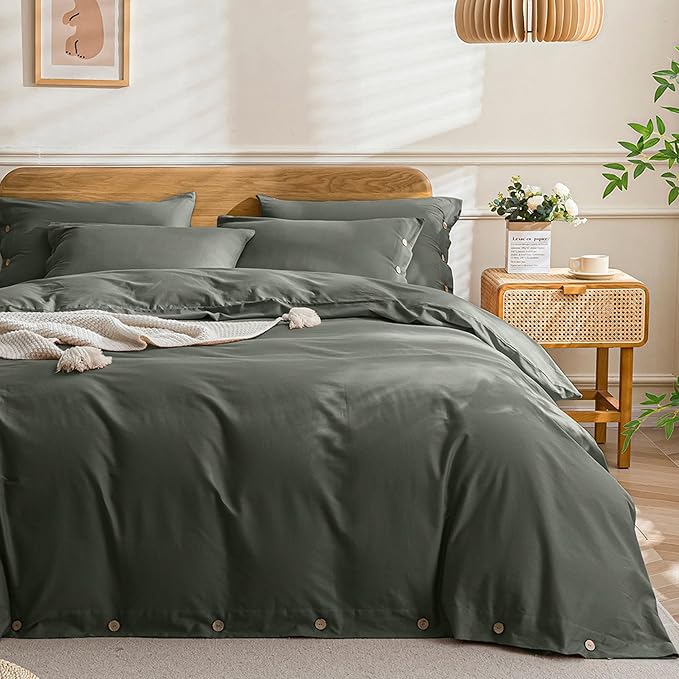 JELLYMONI Cotton Duvet Cover Queen Size - Gray Comforter Cover with Button 100% Washed Cotton 3PCS Breathable Soft Solid Bedding Set Duvet Cover 90×90in & 2 Pillowcases (NO Comforter)